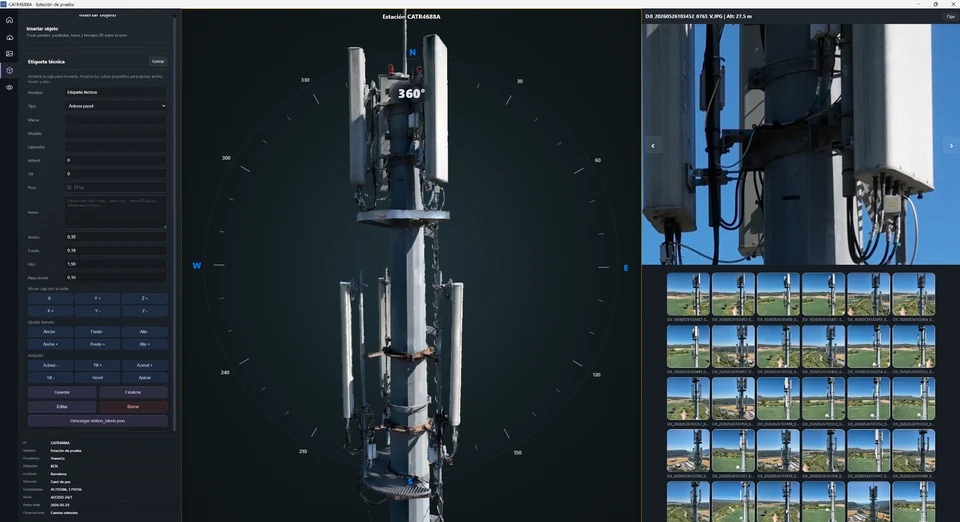 Modelo de una torre y fotografías de inspección en TAMS
